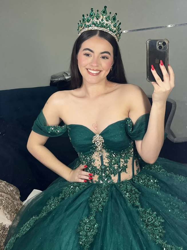 Green Tulle Applique Off the Shoulder Long Prom Dress Quinceanera Dress Ball Gown SH2446