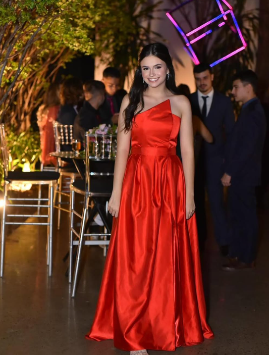 Charming A Line Strapless Red Satin Long Prom Dress Evening Dress SH2294