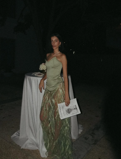 Charming A Line Strapless Green Satin Tulle Prom Dress Evening Dress SH2134