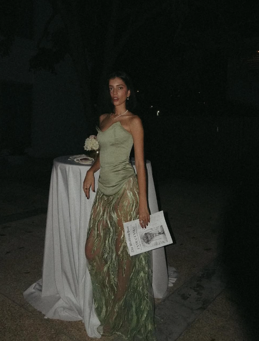 Charming A Line Strapless Green Satin Tulle Prom Dress Evening Dress SH2134