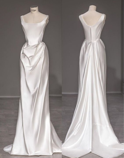 Fashion Mermaid Straps Long Prom Dress White Satin Wedding Dress SH1287