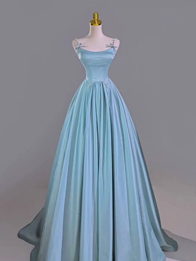 Blue A Line Spaghetti Strap Pearl Bow Satin Prom Dress Graduation Prom Dress SH2463