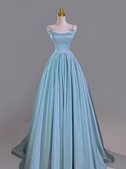 Blue A Line Spaghetti Strap Pearl Bow Satin Prom Dress Graduation Prom Dress SH2463