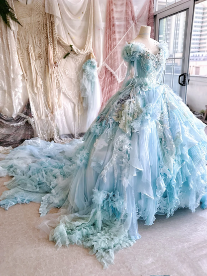 Exquisite Romantic Blue Floral A Line Beaded Lace Tulle Prom Dress Party Dress SH3500