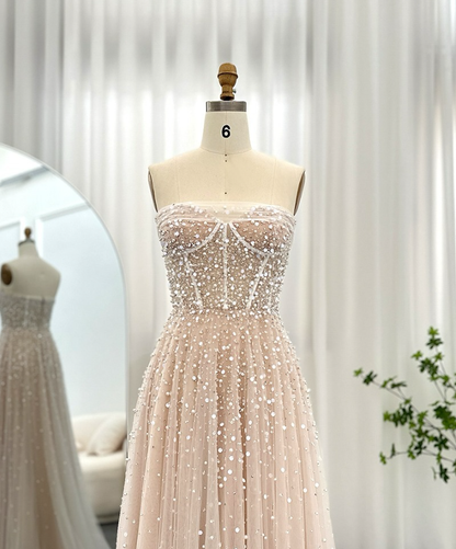 Elegant A Line Strapless Sequin Pearl Beaded Tulle Long Prom Dress Evening Dress SH1940