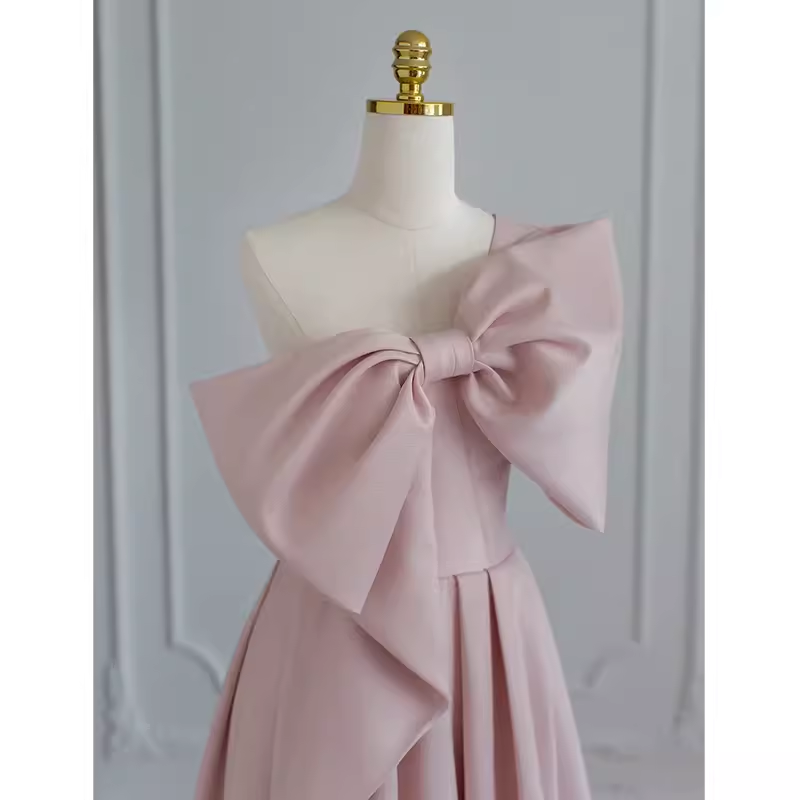 Pretty A line One Shoulder Pink Satin Long Evening Party Dress Prom Dresses With Bowknot PD0041