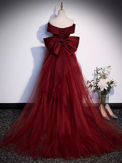 Pretty A line Off The Shoulder Burgundy Satin Long Evening Party Dress Prom Dresses With Bow PD0044