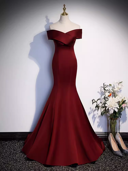 Pretty A line Off The Shoulder Burgundy Satin Long Evening Party Dress Prom Dresses With Bow PD0044