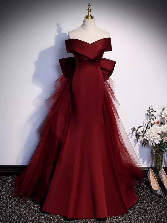 Pretty A line Off The Shoulder Burgundy Satin Long Evening Party Dress Prom Dresses With Bow PD0044