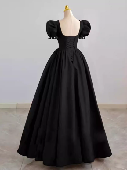 Vintage Ball Gown Sweetheart Satin Black Long Prom Dress Formal Dresses PD0049