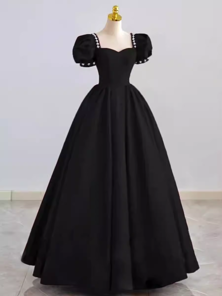 Vintage Ball Gown Sweetheart Satin Black Long Prom Dress Formal Dresses PD0049