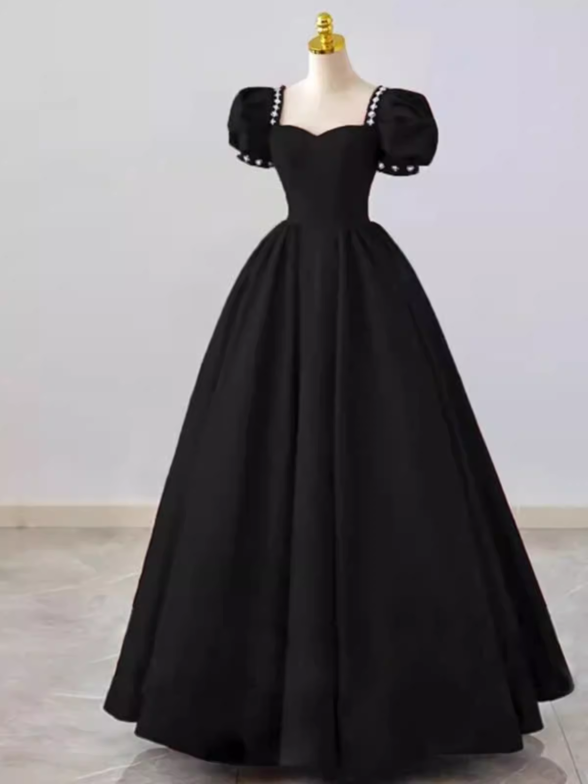 Vintage Ball Gown Sweetheart Satin Black Long Prom Dress Formal Dresses PD0049