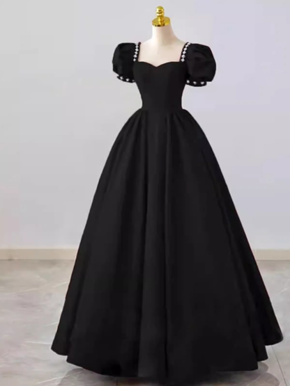 Vintage Ball Gown Sweetheart Satin Black Long Prom Dress Formal Dresses PD0049
