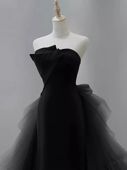 Vintage Sheath Strapless Satin Black Tulle Long Prom Dress Formal Dresses PD0050