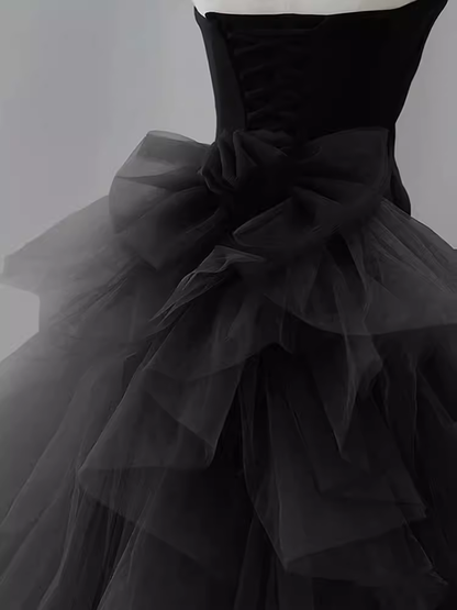 Vintage Sheath Strapless Satin Black Tulle Long Prom Dress Formal Dresses PD0050