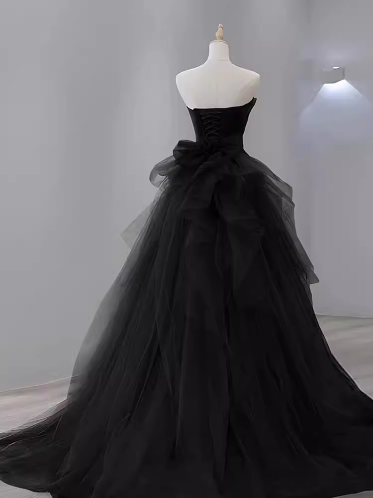 Vintage Sheath Strapless Satin Black Tulle Long Prom Dress Formal Dresses PD0050