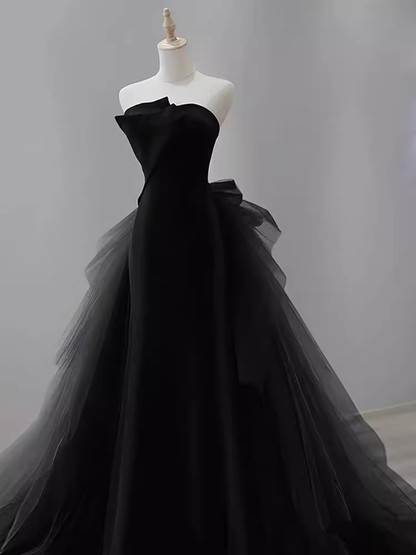 Vintage Sheath Strapless Satin Black Tulle Long Prom Dress Formal Dresses PD0050