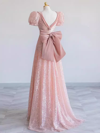 Pretty A line Sweetheart Short Sleeves Long Evening Party Dress Pink Prom Dresses PD0053