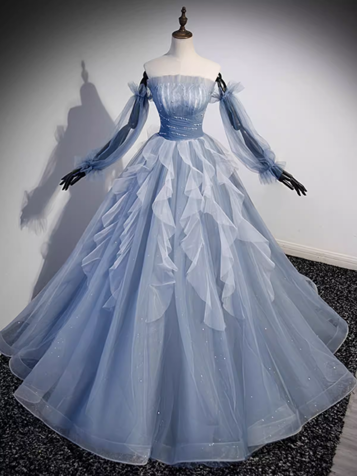 Vintage Ball Gown Strapless Satin Dusty Blue Tulle Long Prom Dress Formal Dresses PD0054