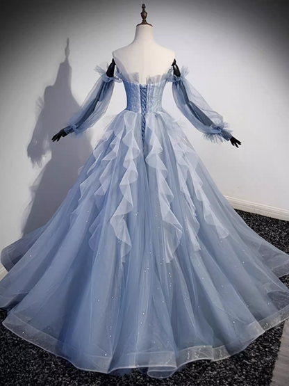 Vintage Ball Gown Strapless Satin Dusty Blue Tulle Long Prom Dress Formal Dresses PD0054
