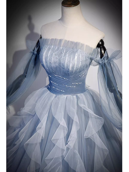 Vintage Ball Gown Strapless Satin Dusty Blue Tulle Long Prom Dress Formal Dresses PD0054