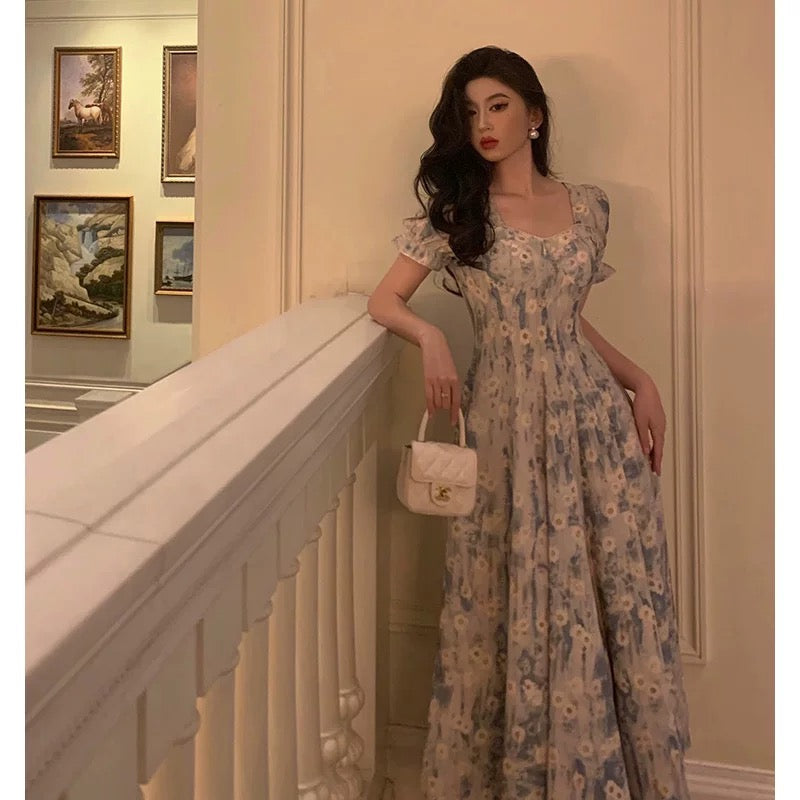 Classy A line Square neckline Blue Chiffon Long Prom Dresses Birthday Outfits Evening Gown SD1013