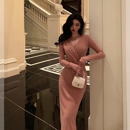 Sexy Sheath V Neckline Pink Pleated Prom Dresses Birthday Outfits Evening Gown SD1016