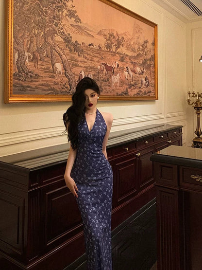 Sexy Sheath V Neckline Floral Blue Prom Dresses Birthday Outfits Evening Gown SD1028