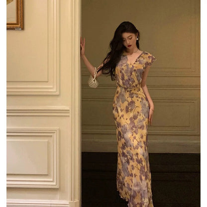 Sexy French Sheath V Neckline Floral Long Prom Dresses Birthday Outfits Evening Gown SD1031