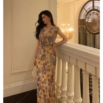 Sexy French Sheath V Neckline Floral Long Prom Dresses Birthday Outfits Evening Gown SD1031