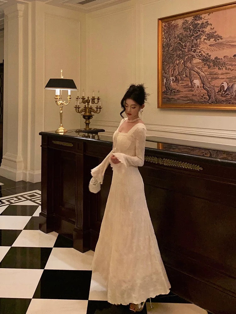 Gorgeous A line Long Sleeves Lace Date Night Dress Long Prom Dresses Birthday Outfits SD1066