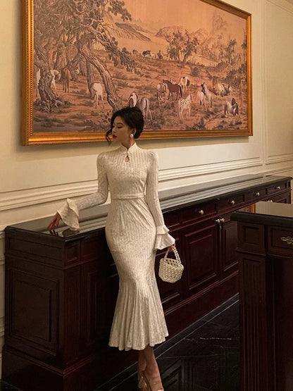 Gorgeous Mermaid High Neckline Ivory Satin Date Night Dress Prom Dresses Birthday Outfits SD1098