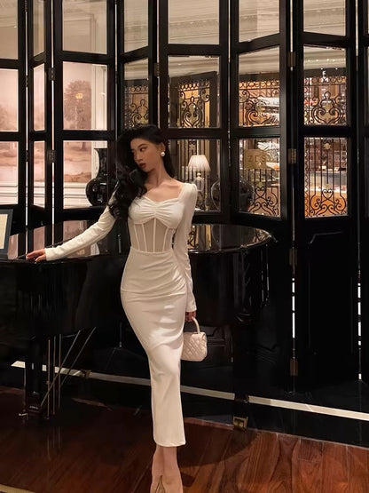 Classy Sheath Long Sleeves White Prom Dresses Birthday Outfits Evening Gown SD1116