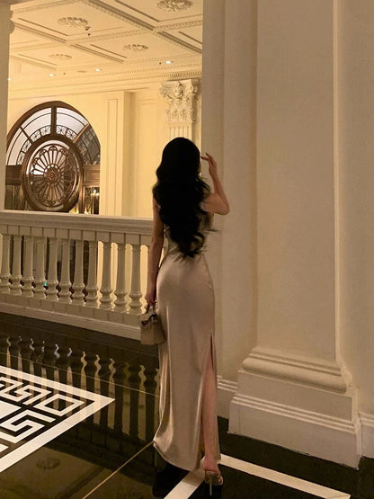 Sexy Sheath Straps Champagne Slit Prom Dresses Long Birthday Outfits SD1135