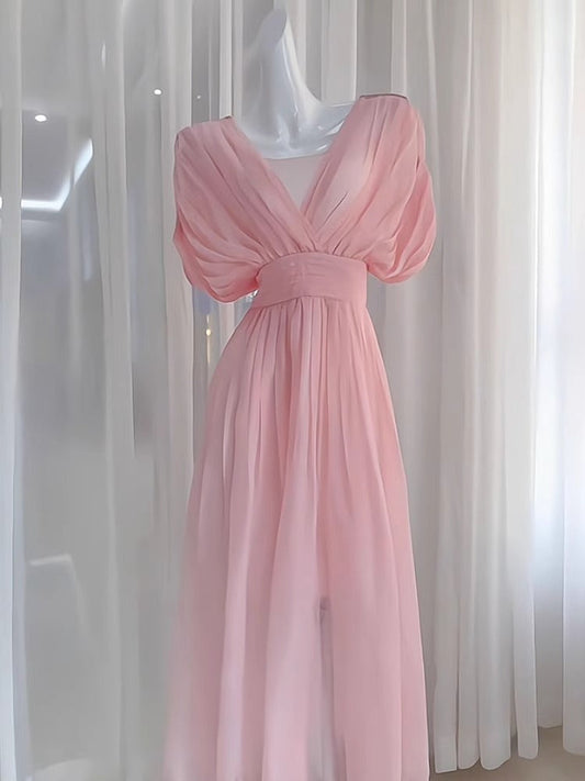 Sexy A line V Neckline Ruffled Pink Chiffon Beach Dress Women's Vacation Dresses SD1141