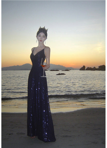 Sexy Sheath Spaghetti Straps Blue Sequin Beach Dress Women's Vacation Dresses Prom Dress SD1152
