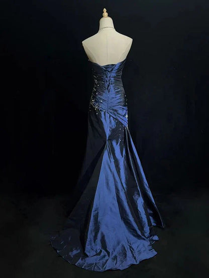 Navy Blue Elegant Exquisite Beaded Sweetheart Neck Sleeveless Mermaid Long Satin Ball Gown Evening Dress gh3469