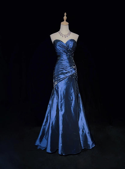 Sexy Sweetheart Sleeveless Mermaid Satin Long Navy Blue Prom Dresses SD1291