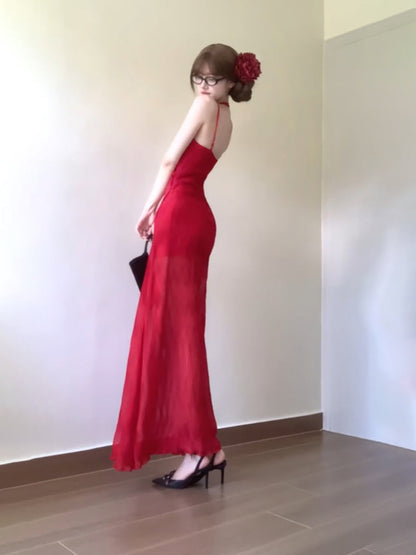 Vintage Sheath Spaghetti Straps Red Holiday Dress Birthday Dresses Birthday Outfits SD1298