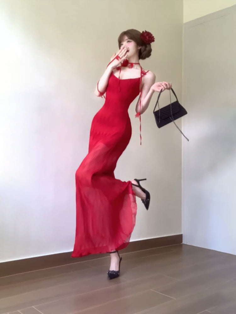 Vintage Sheath Spaghetti Straps Red Holiday Dress Birthday Dresses Birthday Outfits SD1298