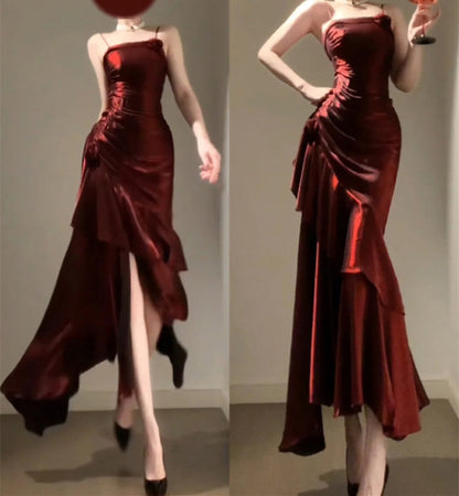 Vintage Sheath Spaghetti Straps Burgundy Holiday Dress Birthday Dresses Birthday Outfit SD1300