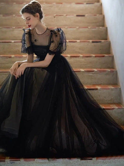 A-Line Puff Sleeves Tulle Long Prom Dress Black Formal Evening Dress SD1303
