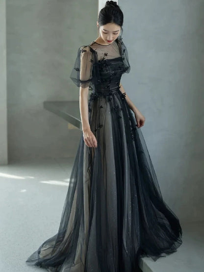 A-Line Puff Sleeves Tulle Long Prom Dress Black Formal Evening Dress SD1303
