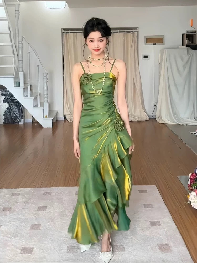 Retro Mermaid Spaghetti Straps Satin Long Party Dress Green Prom Dresses SD2408