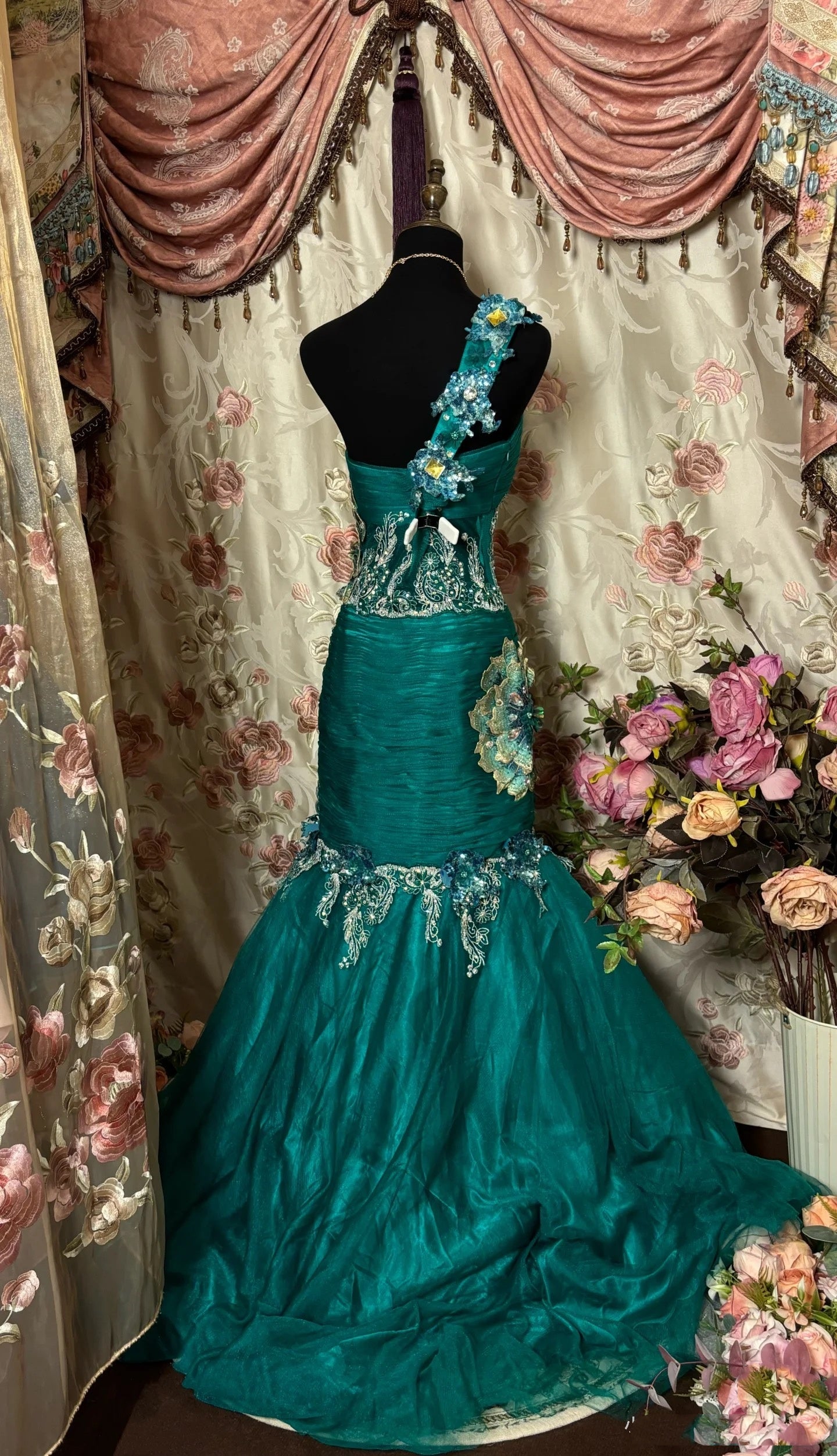 Retro Mermaid One Shoulder Tulle Green Long Party Dress Prom Dresses SD1518