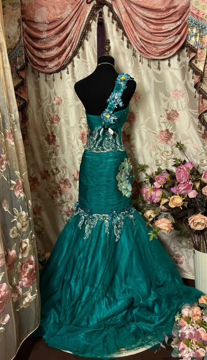 Retro Mermaid One Shoulder Tulle Green Long Party Dress Prom Dresses SD1518