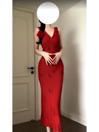 Vintage Sheath V Neckline Red Holiday Dress Birthday Dresses Birthday Outfits SD1310