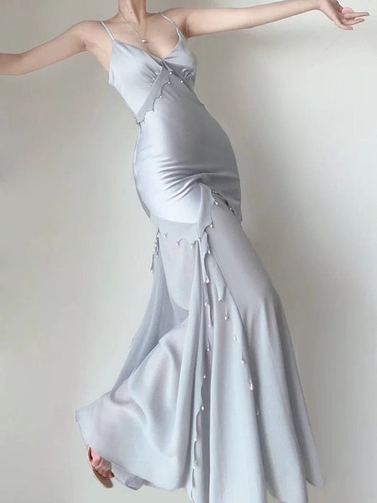 Retro Mermaid Straps Satin Blue Long Prom Dresses Party Dress SD1320