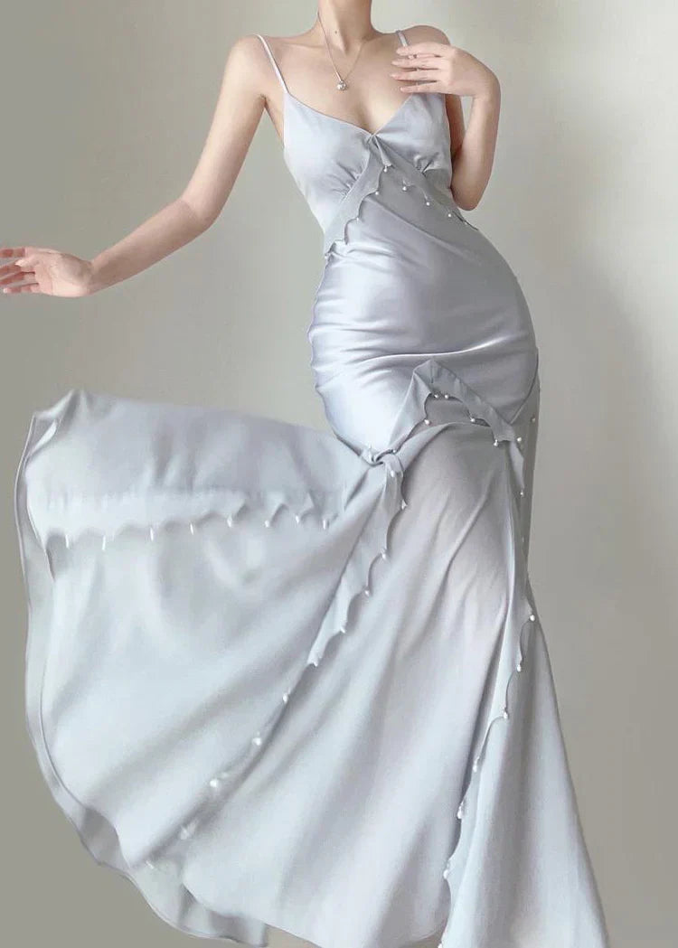 Silver Blue Vintage Fashion Elegant Exquisite Beading Mermaid Spaghetti Strap Satin Long Prom Gown Party Dress gh3684