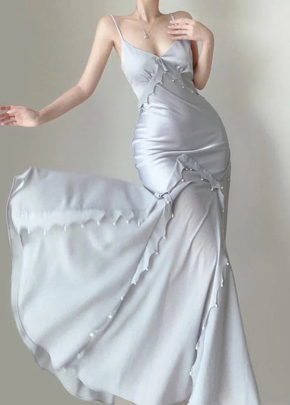 Silver Blue Vintage Fashion Elegant Exquisite Beading Mermaid Spaghetti Strap Satin Long Prom Gown Party Dress gh3684